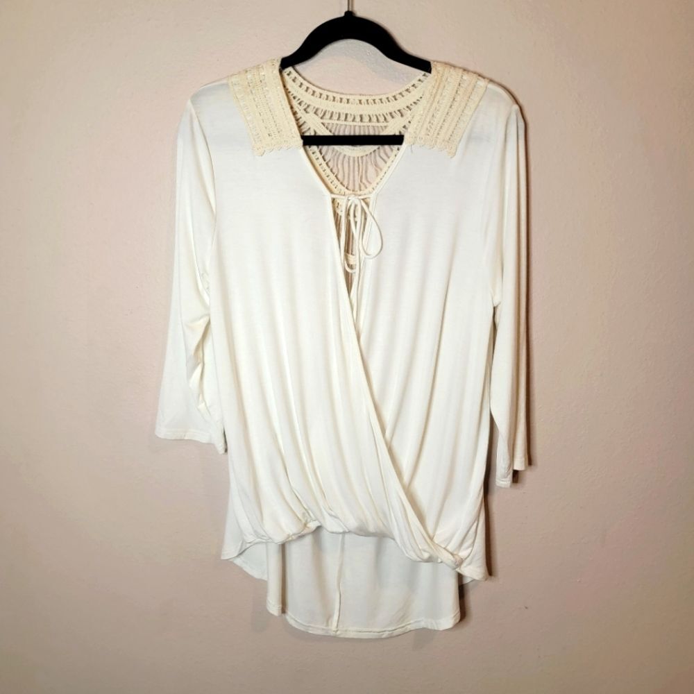 Umgee cream 3/4 sleeve Crochet insert front cross over Draped boho Bohemian  top
